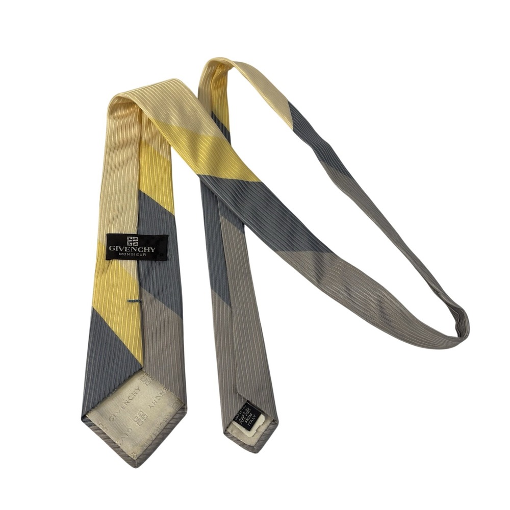 VTG Givenchy Repp Tie Italian Silk‎ Colorblock Yellow Gray - Picture 7 of 10